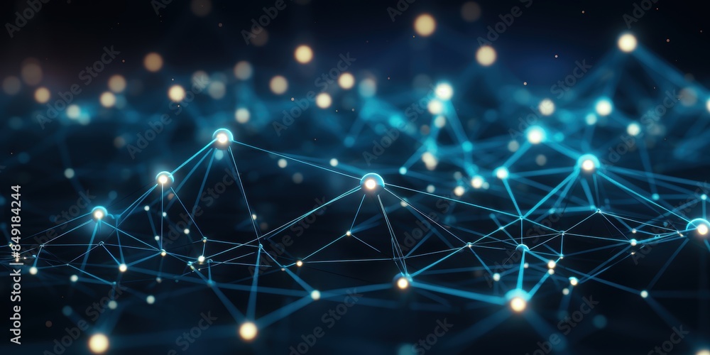 Poster an abstract representation of digital network connections, featuring glowing nodes and lines in a da