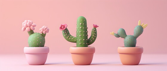 Fototapeta premium Set of Adorable clay ,Dwarf cacti of different varieties in pots, muted pastels, 3D clay icon, Blender 3d, ms, kawaii flowers, Decorative flowers, cartoon flowers, children's toys