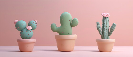 Set of Adorable clay ,Dwarf cacti of different varieties in pots, muted pastels, 3D clay icon, Blender 3d, ms, kawaii flowers, Decorative flowers, cartoon flowers, children's toys