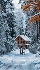 Naklejka premium a group of people walking down a snow covered road