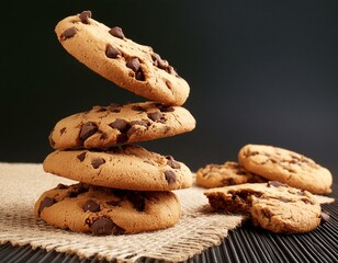 Chocolate chip cookies falling over a black background