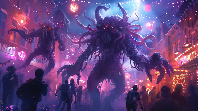 A fun, chaotic monster mash party with dancing creatures and festive lights