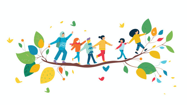 Diverse group balances tree branch, colorful leaves falling around them. Multicultural children engage playful balancing act outdoors. Cartoon illustration friends playing together, nature joy