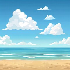 Peaceful Beach Landscape with Blue Sky and Fluffy Clouds