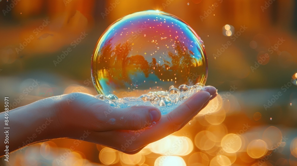 Poster a hand holds a large soap bubble, capturing a moment of wonder with sunlit bokeh in the background