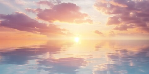 Fototapeta premium A serene sunset scene over the ocean with fluffy clouds and a peaceful water reflection