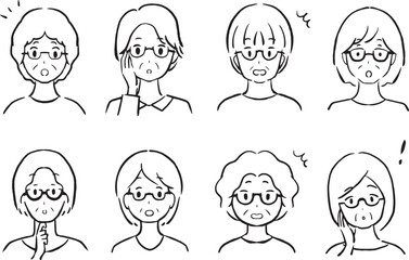 眼鏡をかけた高齢女性が驚いているモノクロ線画イラストセット 8人