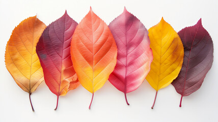 Seven leaves in a row, displaying various shades from orange to red to yellow, showing autumn's colorful spectrum.