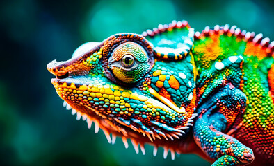 Fototapeta premium Close-up portrait of a chameleon looking at the camera on a blue background