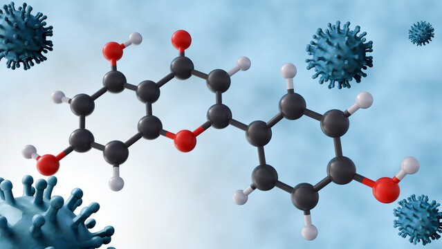 3d rendering of Apigenin molecule and chikungunya virus. Apigenin was evaluated for cytotoxicity and antiviral properties for the Chikungunya virus
