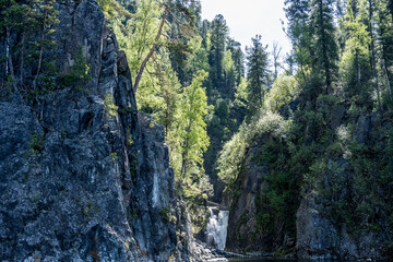 summer panoramic landscape of mountains and forest and waterfall against the sky in the area of ​​Lake Teletskoye in Altai