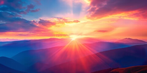 Fototapeta premium A mesmerizing sunset over mountain peaks with rays of sunlight piercing through a colorful, dramatic sky