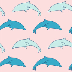cute hand drawn blue dolphin seamless vector pattern illustration on pink background