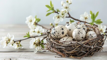 Obraz premium Easter holidays theme bird s nest with quail eggs and spring blossoms on a light wooden backdrop