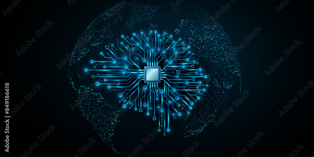 Poster futuristic ai brain with cpu board on the background of world map. artificial intelligence analyzes 