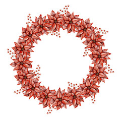 Obraz premium New Years Christmas hand drawn watercolor wreath of poinsettia and branch with berries