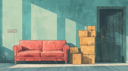 Detailed image of the moving process with furniture and boxes