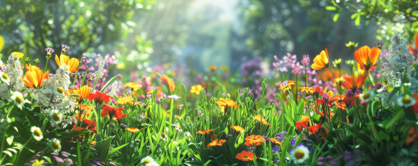 Fototapeta premium Summer background with a colorful garden, blooming flowers, and green foliage: Fresh and vibrant, ideal for a summer garden scene