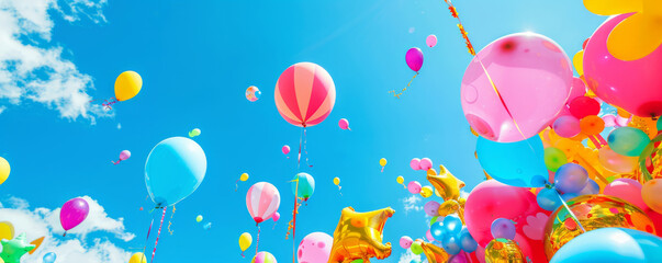Summer background with a colorful parade, floats, and balloons against a bright blue sky: Playful and festive, ideal for a summer celebration