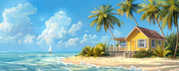Summer background with a cozy beach cottage, sandy shore, and swaying palm trees: Idyllic and inviting, ideal for a beachside retreat