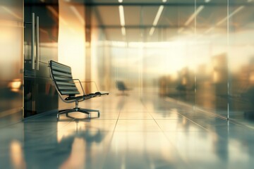 A blurred background of an office interior with glass walls, tables and chairs