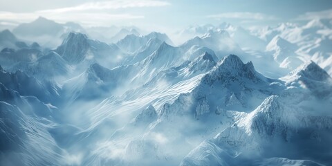 An expansive view of a vast snow-covered mountain range under a soft blue sky, conveying a sense of tranquility and majesty