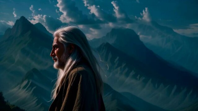 &Eacute;pico hombre que irradia tranquilidad comunic&aacute;ndose con el viento embravecido de la alta monta&ntilde;a