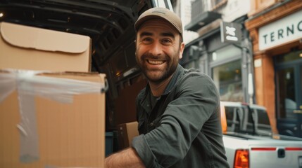 Photo of happy worker unloading boxes from delivery van and looking at camera