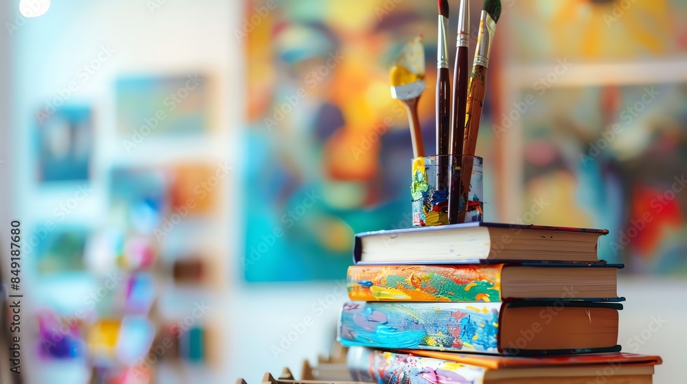Poster paintbrushes in a jar on top of a stack of books in a colorful art studio.