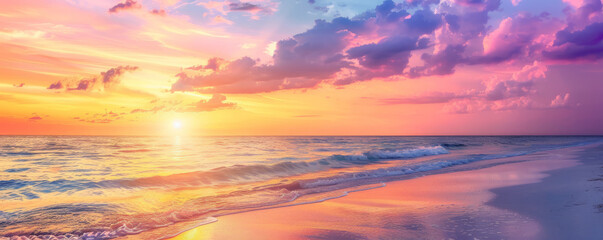 Fototapeta premium Summer background with a vibrant beach sunset, hues of orange, pink, and purple in the sky: Dramatic and serene, perfect for a sunset beach scene