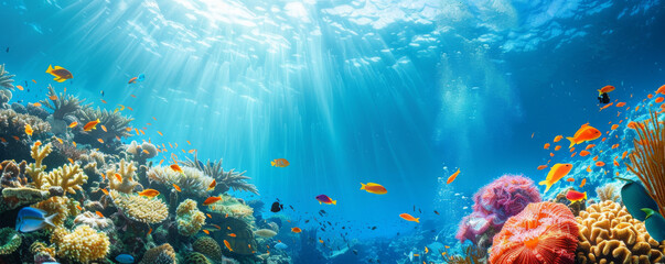 Summer background with a vibrant coral reef, colorful fish, and clear blue ocean water: Dynamic and lively, perfect for an underwater summer adventure