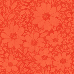 Floral Seamless Pattern of Red Flowers and Leaves on Red Tomato Background with Texture, Great for Wallpapers, Textiles, Papers, Prints, Fashion, Beauty Products, Wrappings, Package Design.