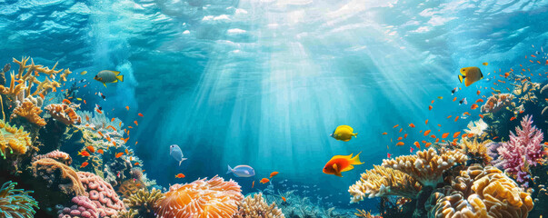 Naklejka premium Summer background with a vibrant coral reef, tropical fish, and clear blue water: Dynamic and lively, perfect for an underwater summer scene