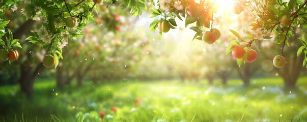 Summer background with a vibrant green orchard, fruit trees in full bloom, and bright sunlight: Fresh and lively, perfect for a summer harvest theme