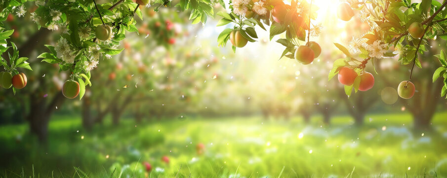 Summer background with a vibrant green orchard, fruit trees in full bloom, and bright sunlight: Fresh and lively, perfect for a summer harvest theme