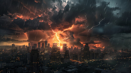 Fototapeta premium Fiery storm over a city with vivid lightning and rain, highlighting a dramatic and intense scene of urban chaos and natural power.