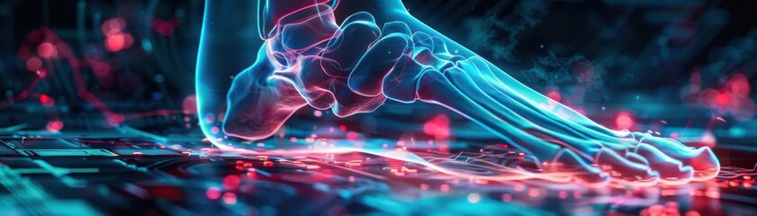 Abstract digital representation of a human foot with glowing neon elements, illustrating technology and biomechanics in a futuristic setting.