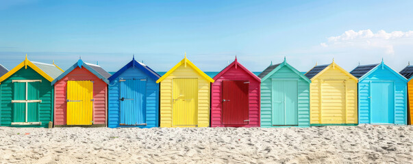 Summer background with colorful beach huts lined up on a sunny shore: Playful and vibrant, ideal for a beach vacation theme
