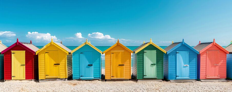 Summer background with colorful beach huts lined up on a sunny shore: Playful and vibrant, ideal for a beach vacation theme