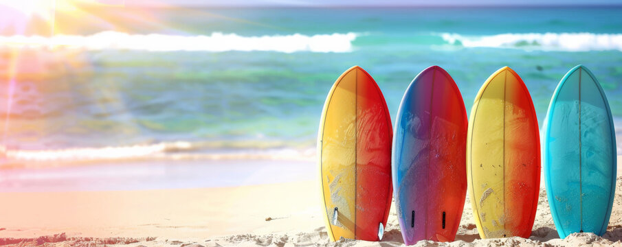 Summer background with colorful surfboards lined up on a sunny beach: Playful and vibrant, ideal for a beach vacation theme