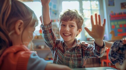 Boy student greets teacher in elementary school classroom School children studying in elementary school Children write notes in the classroom