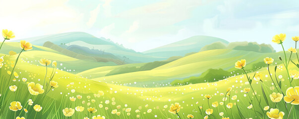 Fototapeta premium Tranquil spring background with a meadow of buttercups, rolling hills, and a pastel sky.