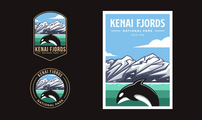 Set of Kenai Fjords National Park graphic illustration badge poster vector © DOMHOUZE