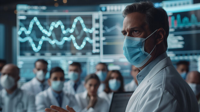 Doctor looking at x ray. Biological scientist wearing a mask is giving a lecture, many colleagues are listening him. Behind the scientist are DNA model data