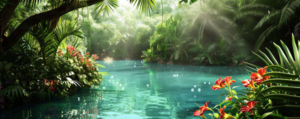 Obraz premium Tropical background featuring a serene lagoon surrounded by lush greenery and flowers: Idyllic and tranquil, ideal for a tropical retreat