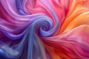 Obraz premium Abstract swirling colorful silk fabric background, featuring a blend of pink, orange, purple, and blue hues. Perfect for creative design projects.