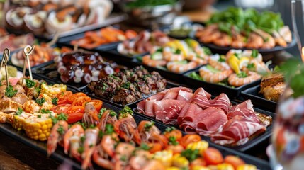 Obraz premium Appetizers featuring meats vegetables and seafood