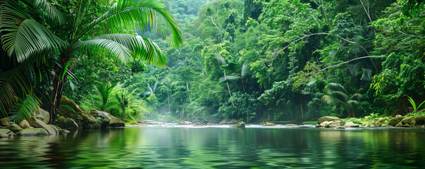 Fototapeta premium Tropical background featuring a serene river winding through dense jungle: Tranquil and lush, ideal for a jungle retreat