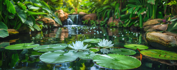 Tropical background featuring a tranquil pond with water lilies and lush greenery: Serene and picturesque, perfect for a peaceful retreat