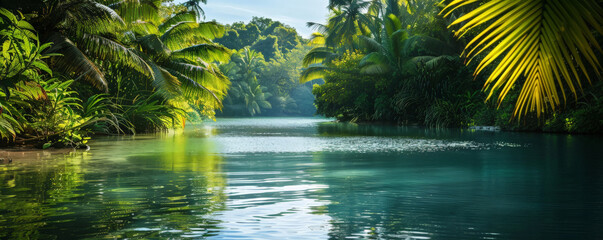 Tropical background with a serene lagoon surrounded by lush greenery: Tranquil and refreshing, ideal for a tropical escape
